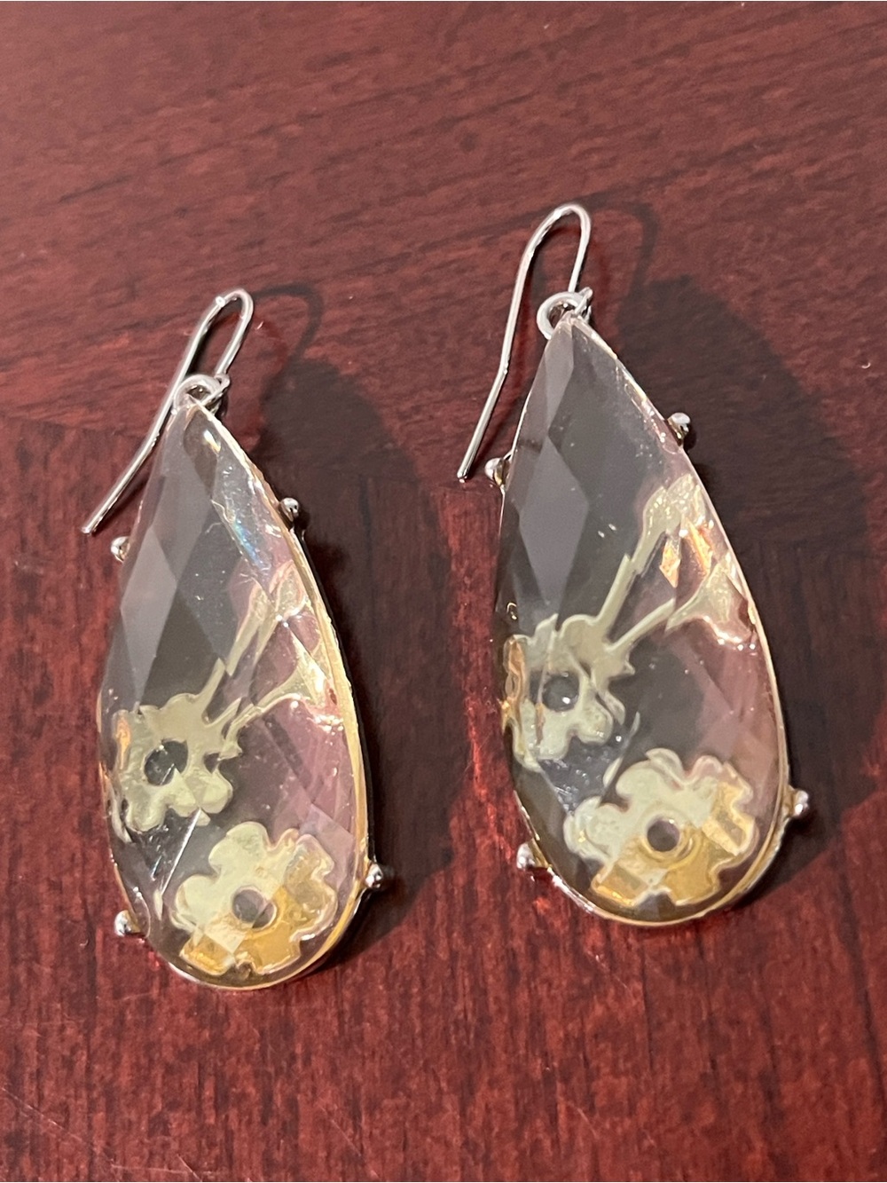 Clear Teardrop Floral Inlay Drop Earrings - Women Jewelry